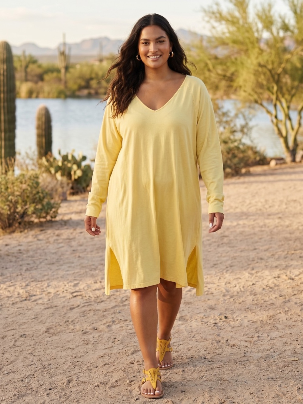 POL Yellow V Neck Long Sleeve Sweatshirt Dress | Oversized Lightweight Side Slit